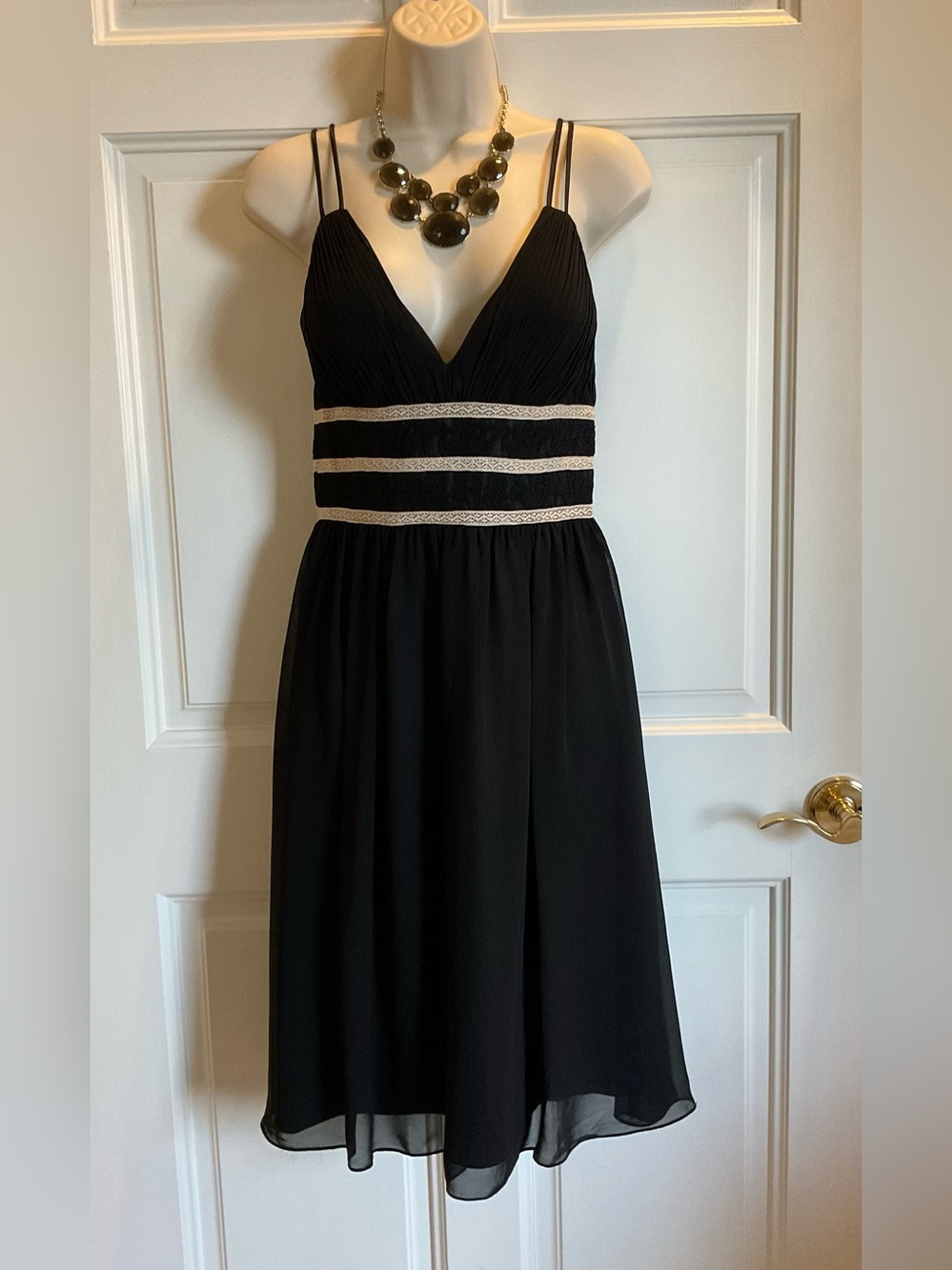 White House Black Market Black Midi Dress with Cream Waist Bands chiffon W size4
